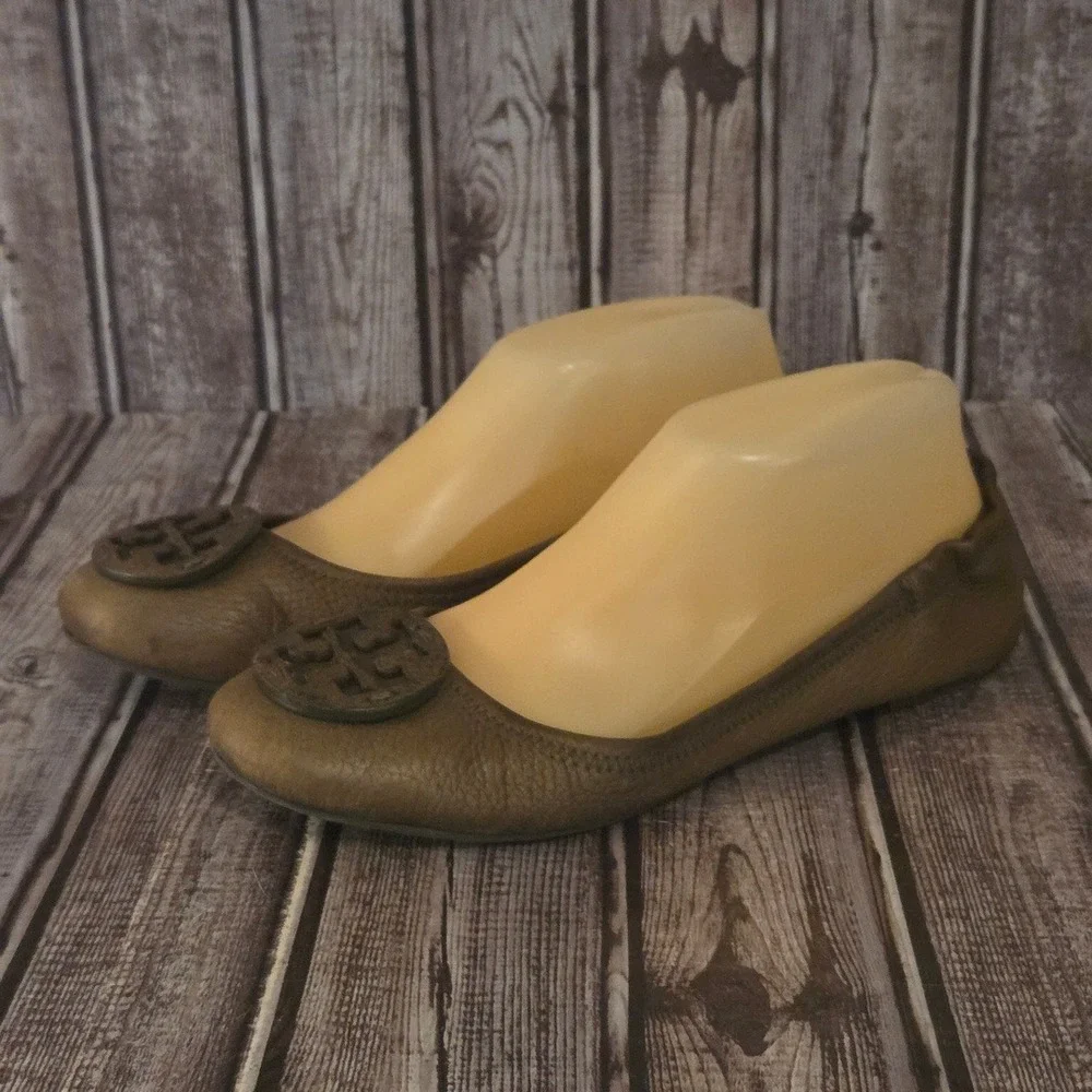 Sz 8 M Tory Burch Reva Olive Green Leather Comfort Ballet Flats Shoes VGUC
